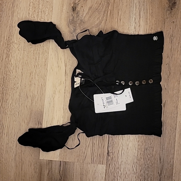 NWT ROXY Light Sky Black Smocked Sleeveless Tank Crop Top XS - Picture 5 of 6